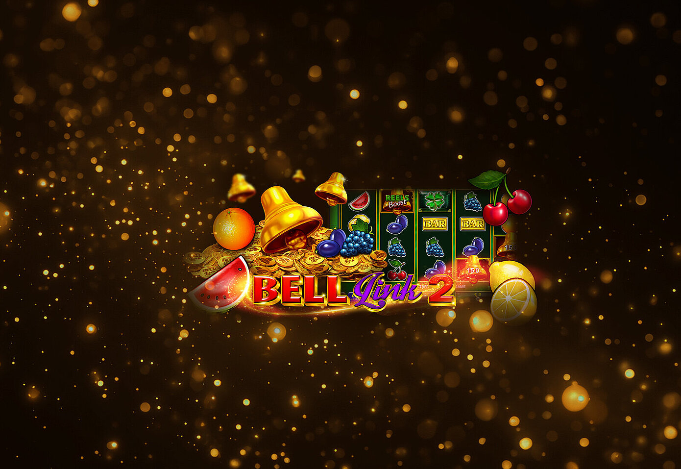 Bell Link 2 Spielautomaten mit goldenen Glocken und Münzen, Frucht-Symbolen auf blurring Hintergrund