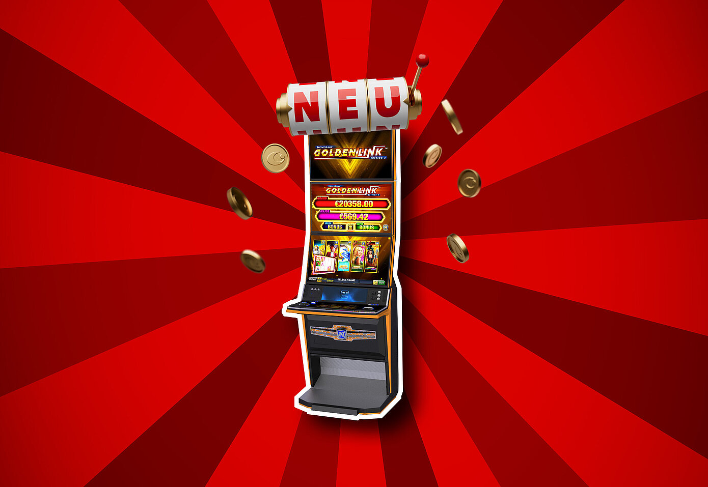 Neuer Golden Link Spielautomat auf rotem Hintergrund