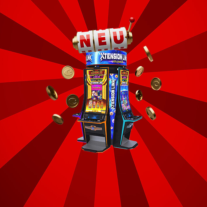 Spielautomat Xtension Link auf rotem Hintergrund