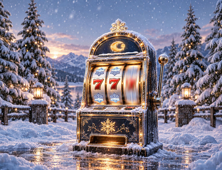 Ein goldener Spielautomat vor winterlichem Hintergrund