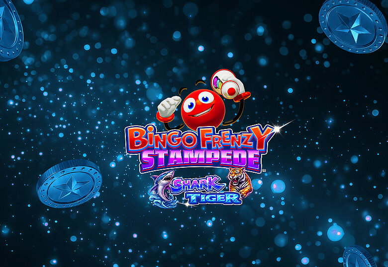 Automatenspiel Logo Bingo Frenzy auf dunkelblauem Hintergrund mit fliegenden Jetons