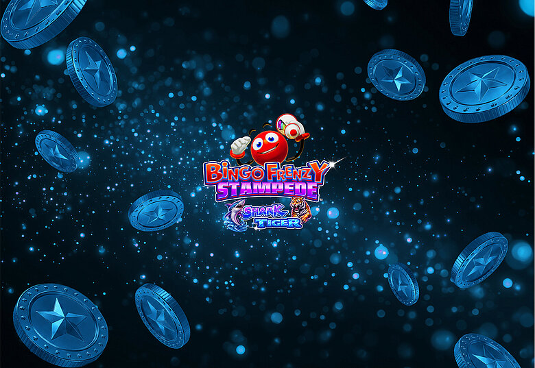 Automatenspiel Logo Bingo Frenzy auf dunkelblauem Hintergrund mit fliegenden Jetons